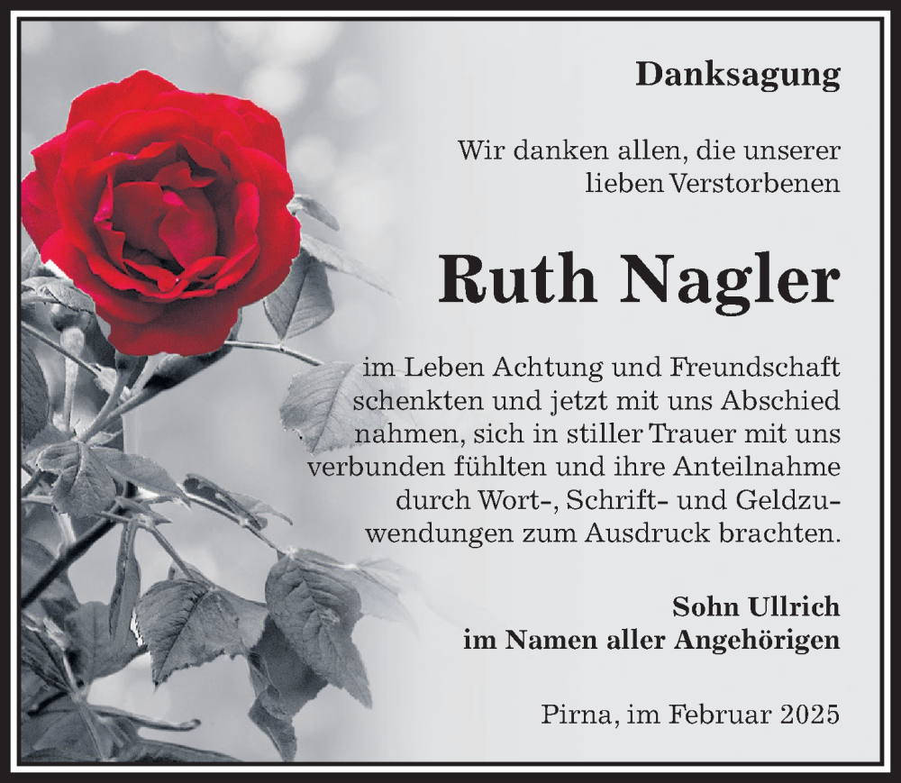  Traueranzeige für Ruth Nagler vom 15.02.2025 aus Sächsische Zeitung
