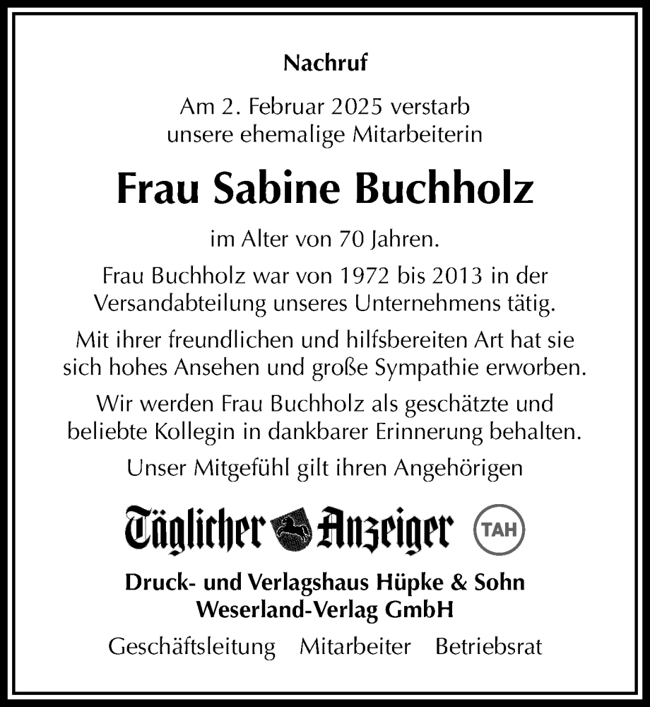  Traueranzeige für Sabine Buchholz vom 15.02.2025 aus Täglicher Anzeiger Holzminden