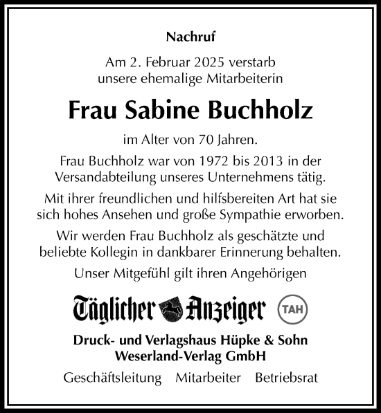 Traueranzeige von Sabine Buchholz von Täglicher Anzeiger Holzminden