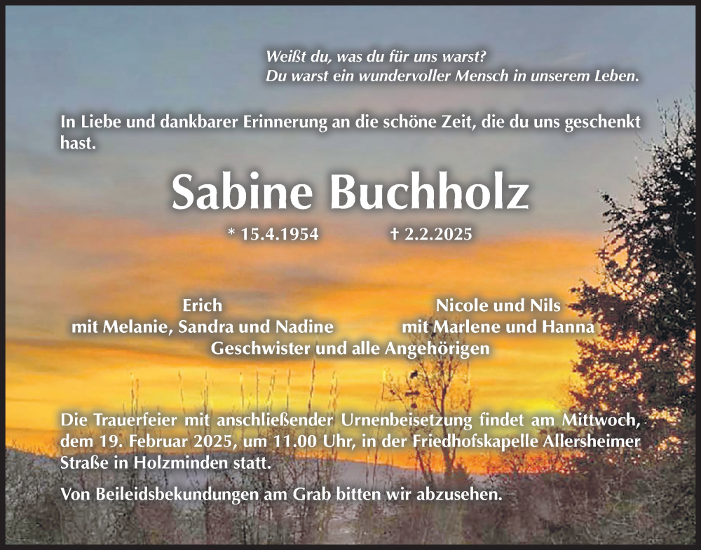  Traueranzeige für Sabine Buchholz vom 15.02.2025 aus Täglicher Anzeiger Holzminden