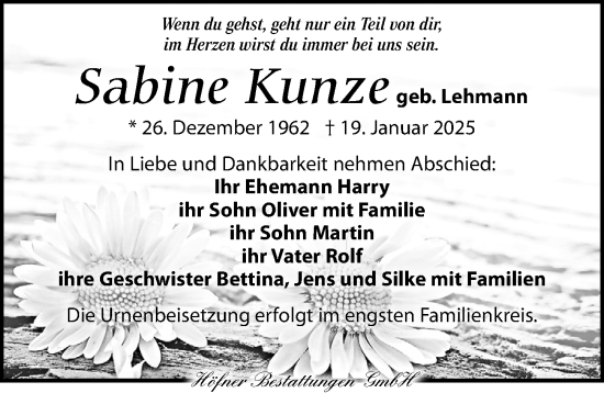 Traueranzeige von Sabine Kunze von Torgauer Zeitung