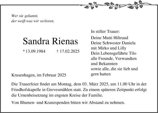 Traueranzeige von Sandra Rienas von Ostsee-Zeitung GmbH