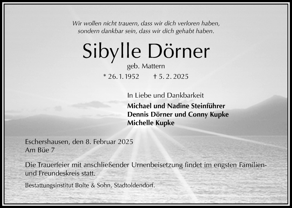  Traueranzeige für Sibylle Dörner vom 08.02.2025 aus Täglicher Anzeiger Holzminden