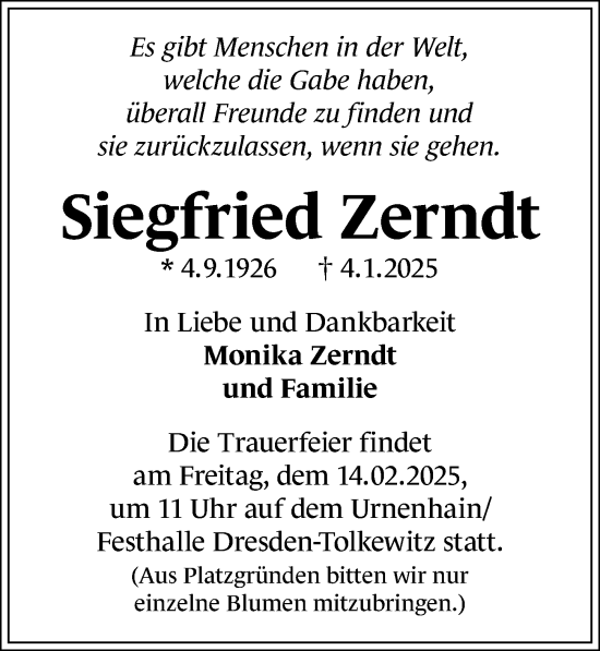Traueranzeige von Siegfried Zerndt von Sächsische Zeitung
