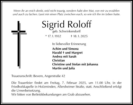 Traueranzeige von Sigrid Roloff von Täglicher Anzeiger Holzminden
