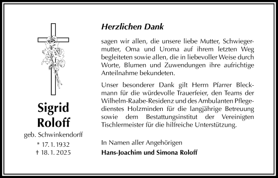Traueranzeige von Sigrid Roloff von Täglicher Anzeiger Holzminden