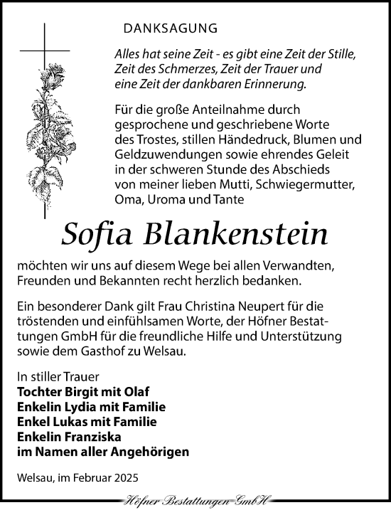 Traueranzeige von Sofia Blankenstein von Torgauer Zeitung