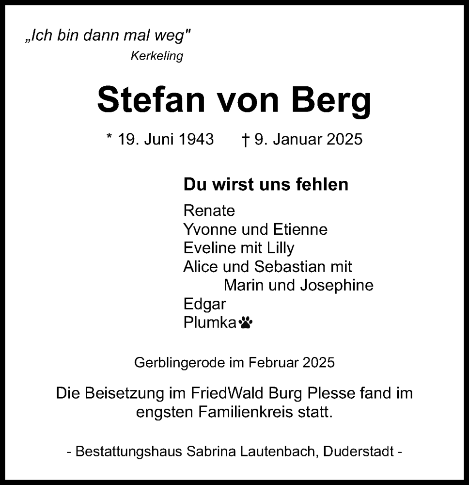  Traueranzeige für Stefan von Berg vom 01.02.2025 aus Eichsfelder Tageblatt