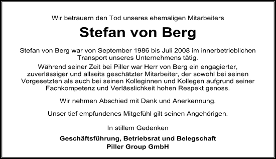 Traueranzeige von Stefan von Berg von Eichsfelder Tageblatt