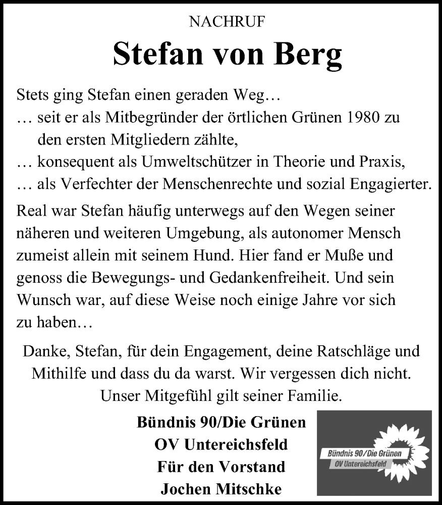  Traueranzeige für Stefan von Berg vom 01.02.2025 aus Eichsfelder Tageblatt