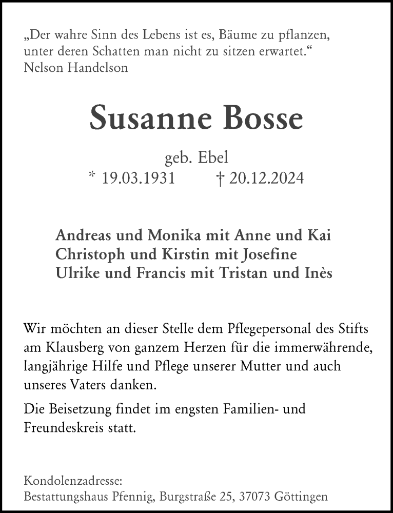  Traueranzeige für Susanne Bosse vom 08.02.2025 aus Göttinger Tageblatt