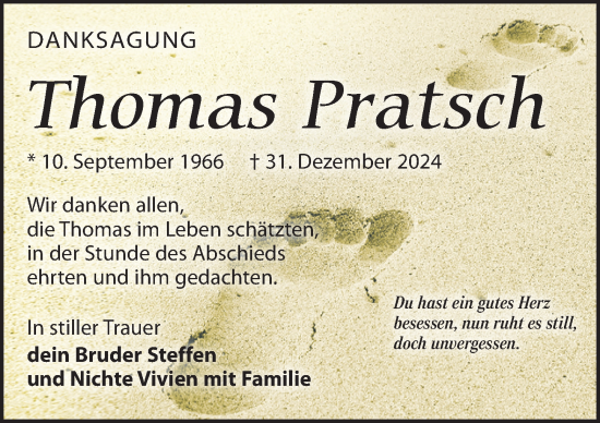 Traueranzeige von Thomas Pratsch von Leipziger Volkszeitung