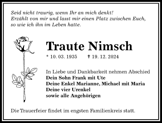 Traueranzeige von Traute Nimsch von Sächsische Zeitung