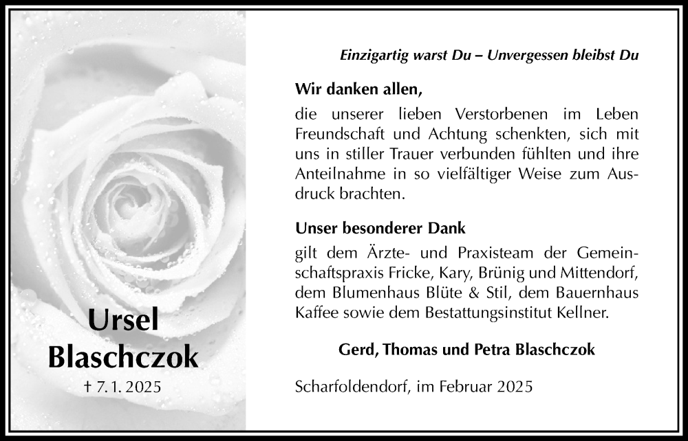  Traueranzeige für Ursel Blaschczok vom 22.02.2025 aus Täglicher Anzeiger Holzminden