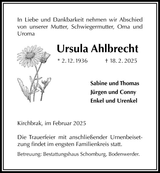 Traueranzeige von Ursula Ahlbrecht von Täglicher Anzeiger Holzminden
