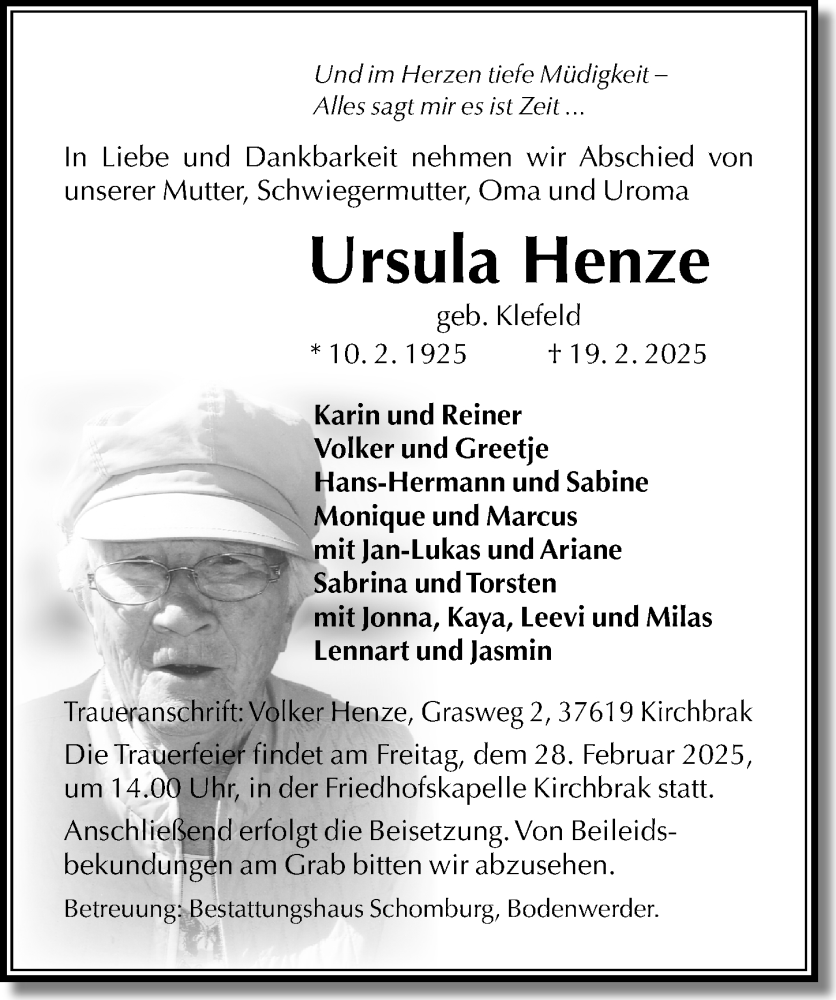  Traueranzeige für Ursula Henze vom 22.02.2025 aus Täglicher Anzeiger Holzminden