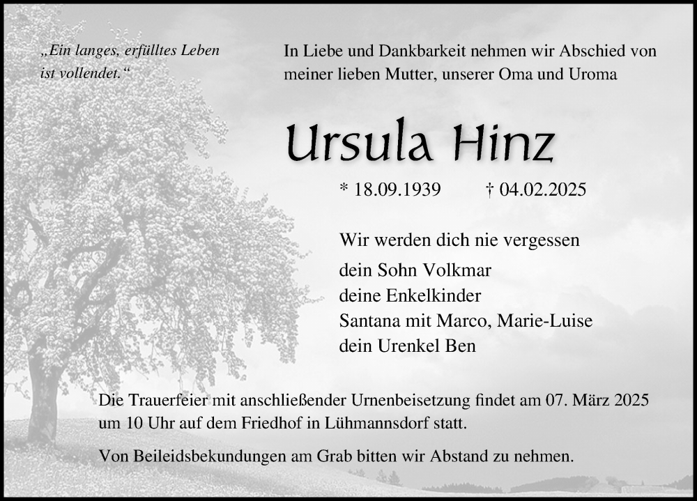  Traueranzeige für Ursula Hinz vom 22.02.2025 aus Ostsee-Zeitung GmbH