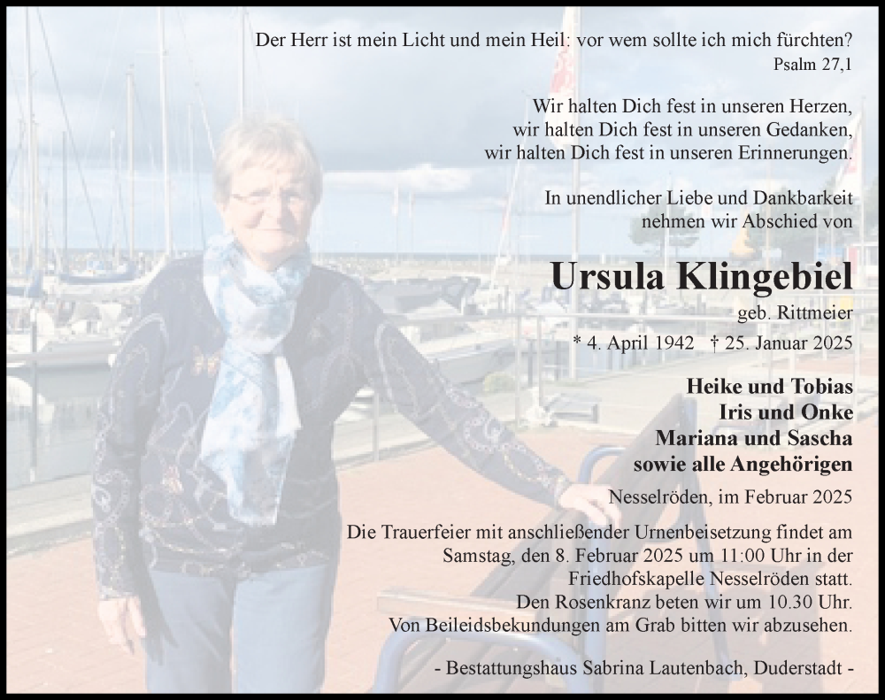  Traueranzeige für Ursula Klingebiel vom 01.02.2025 aus Eichsfelder Tageblatt