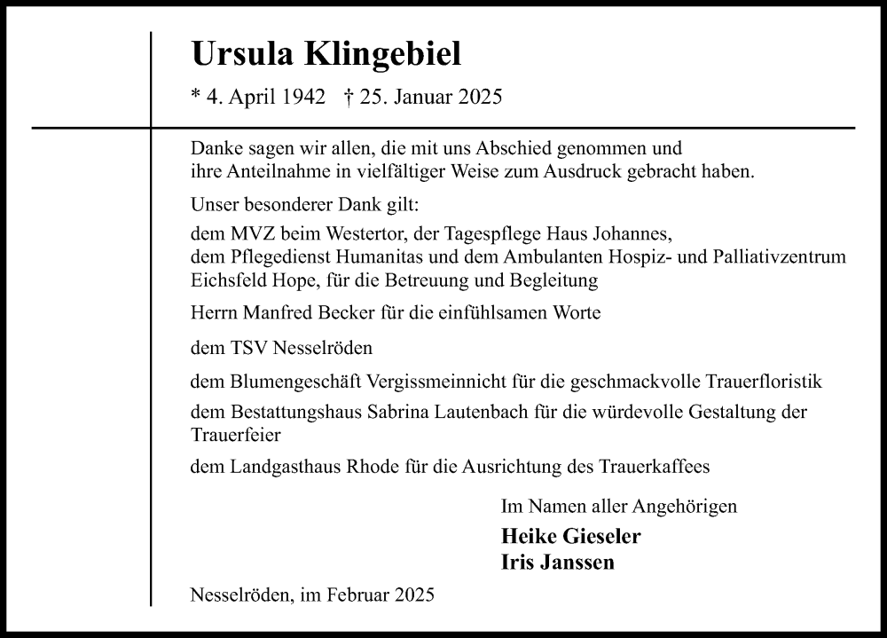  Traueranzeige für Ursula Klingebiel vom 15.02.2025 aus Eichsfelder Tageblatt