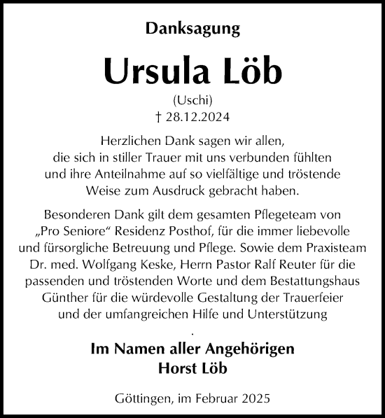Traueranzeige von Ursula Löb von Göttinger Tageblatt