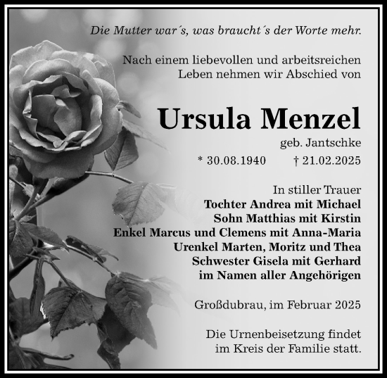 Traueranzeige von Ursula Menzel von Sächsische Zeitung