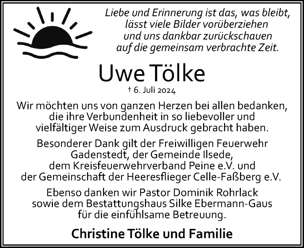  Traueranzeige für Uwe Tölke vom 03.08.2024 aus Peiner Allgemeine Zeitung