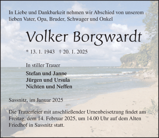 Traueranzeige von Volker Borgwardt von Ostsee-Zeitung GmbH