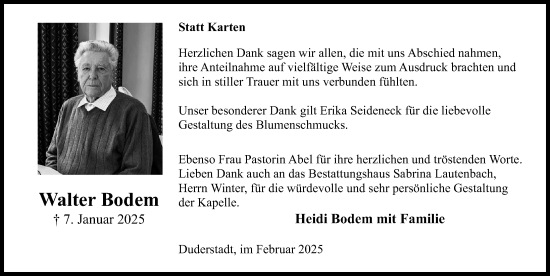 Traueranzeige von Walter Bodem von Eichsfelder Tageblatt