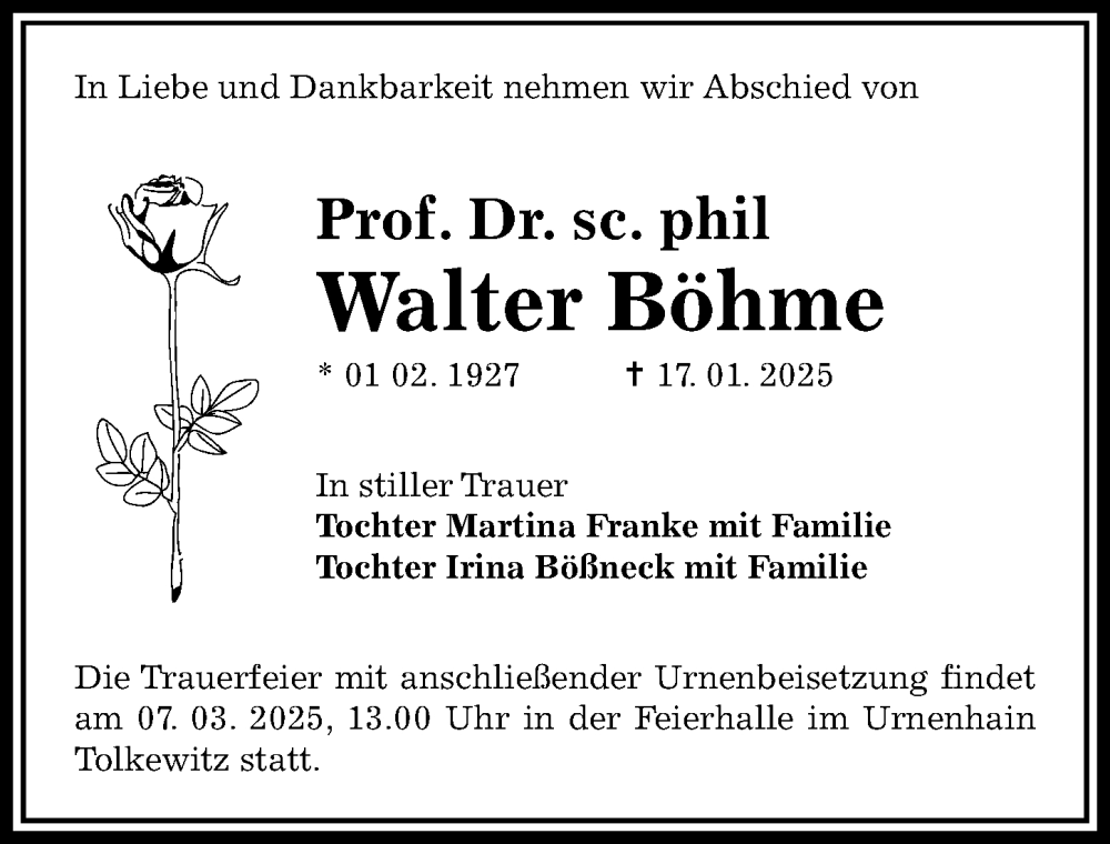  Traueranzeige für Walter Böhme vom 01.02.2025 aus Sächsische Zeitung