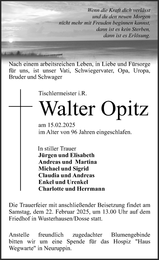 Traueranzeige von Walter Opitz von Wochenspiegel