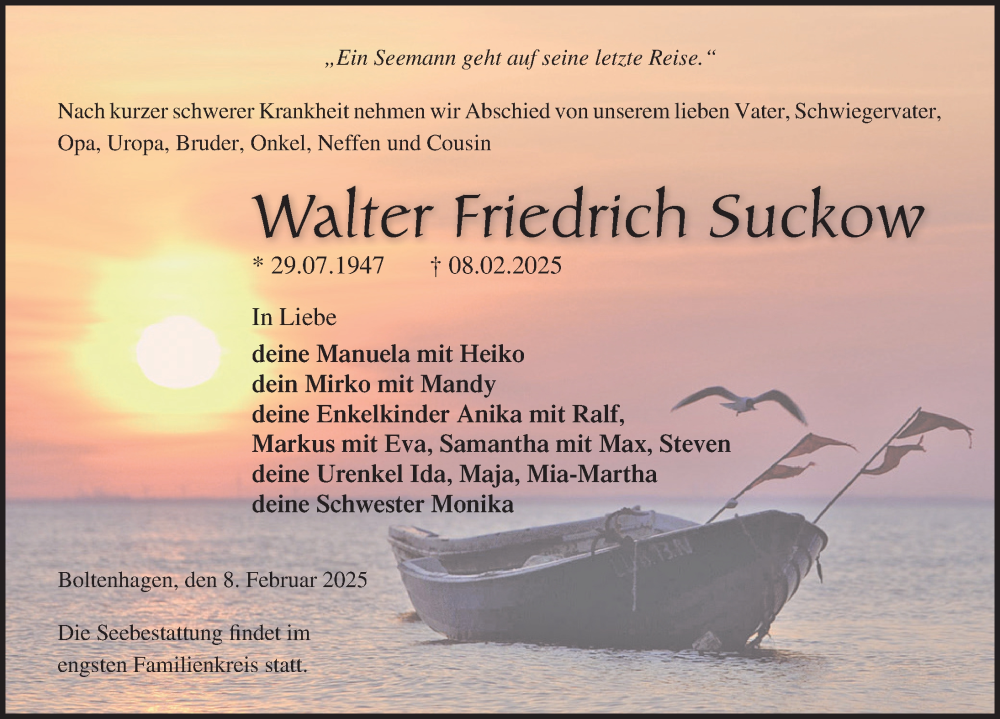  Traueranzeige für Walter Friedrich Suckow vom 13.02.2025 aus Ostsee-Zeitung GmbH