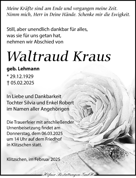 Traueranzeige von Waltraud Kraus von Torgauer Zeitung