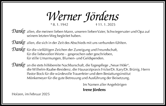 Traueranzeige von Werner Jördens von Täglicher Anzeiger Holzminden