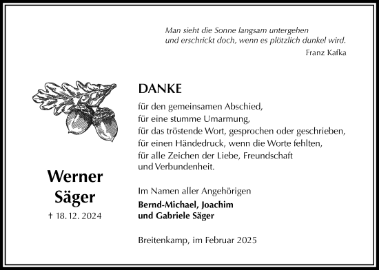 Traueranzeige von Werner Säger von Täglicher Anzeiger Holzminden