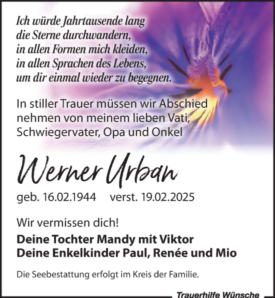 Traueranzeige von Werner Urban von Leipziger Volkszeitung