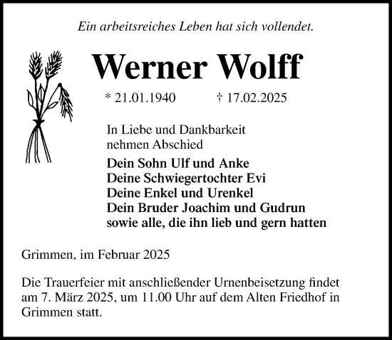 Traueranzeige von Werner Wolff von Ostsee-Zeitung GmbH