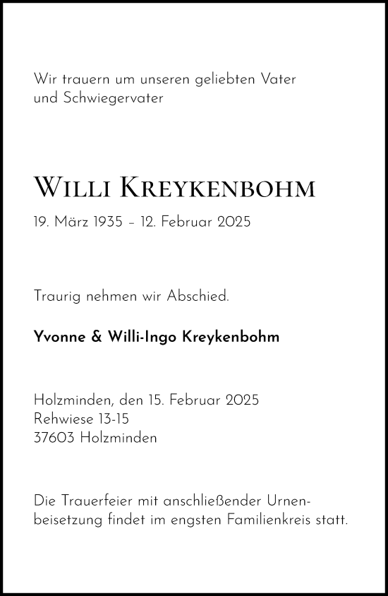 Traueranzeige von Willi Kreykenbohm von Täglicher Anzeiger Holzminden