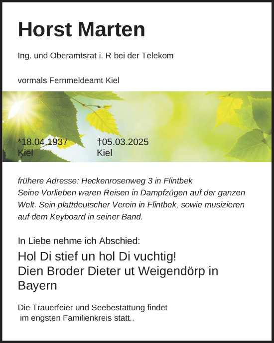 Traueranzeige von Horst Marten von Kieler Nachrichten