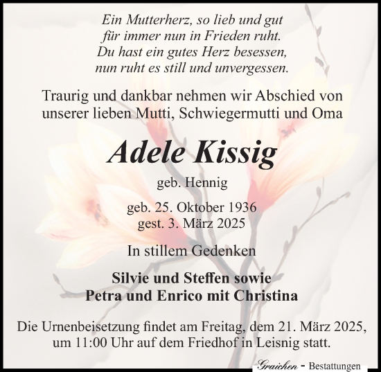 Traueranzeige von Adele Kissig von Sächsische Zeitung