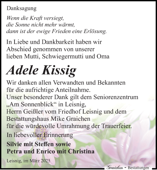 Traueranzeige von Adele Kissig von Sächsische Zeitung