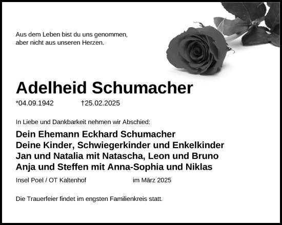 Traueranzeige von Adelheid Schumacher von Ostsee-Zeitung GmbH