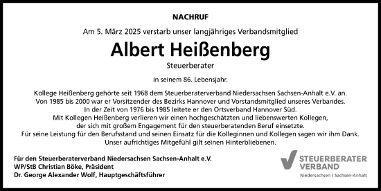 Traueranzeige von Albert Heißenberg von Hannoversche Allgemeine Zeitung/Neue Presse