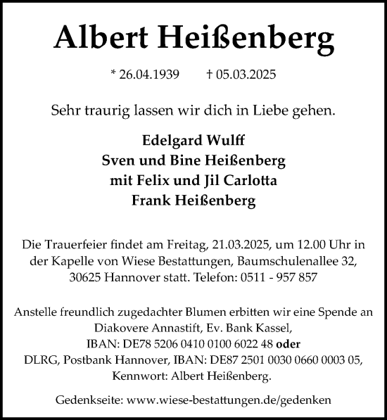 Traueranzeige von Albert Heißenberg von Hannoversche Allgemeine Zeitung/Neue Presse