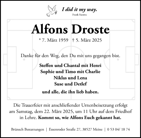 Traueranzeige von Alfons Droste von Aller Zeitung