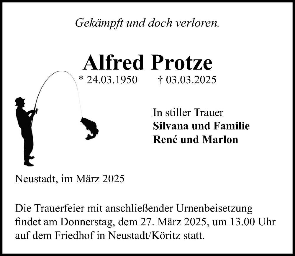  Traueranzeige für Alfred Protze vom 15.03.2025 aus Wochenspiegel