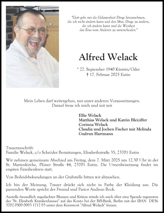 Traueranzeige von Alfred Welack von Lübecker Nachrichten