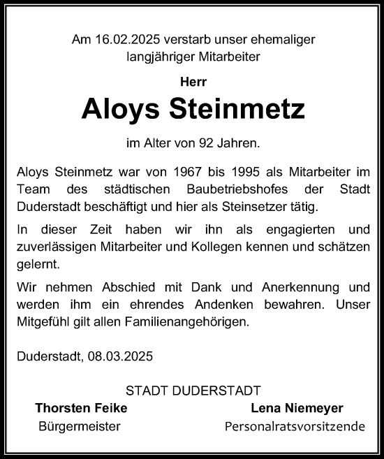 Traueranzeige von Aloys Steinmetz von Eichsfelder Tageblatt