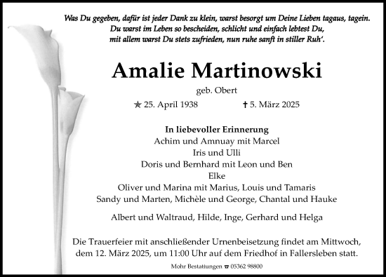 Traueranzeige von Amalie Martinowski von Aller Zeitung