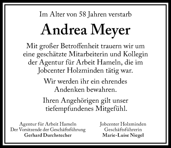 Traueranzeige von Andrea Meyer von Täglicher Anzeiger Holzminden
