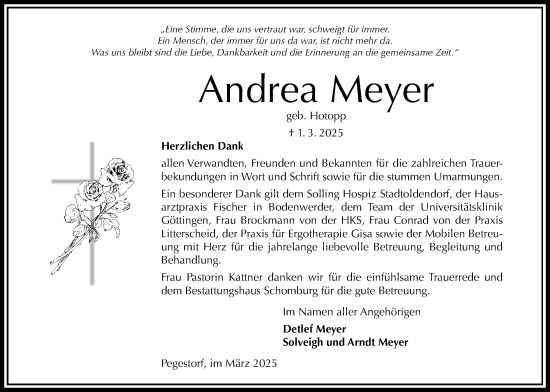 Traueranzeige von Andrea Meyer von Täglicher Anzeiger Holzminden